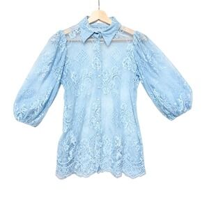 Anne Fontaine Women's Baby Blue floral lace shirt Balloon sleeve Size Small 40